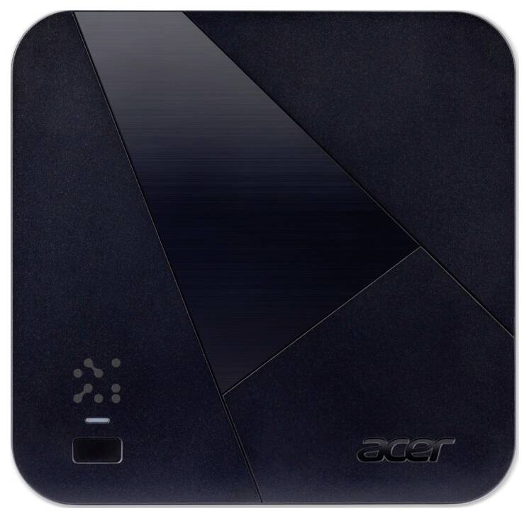 Ein quadratisches schwarzes Acer-Gerät mit geometrischen Mustern und dem Acer-Logo in der unteren rechten Ecke.