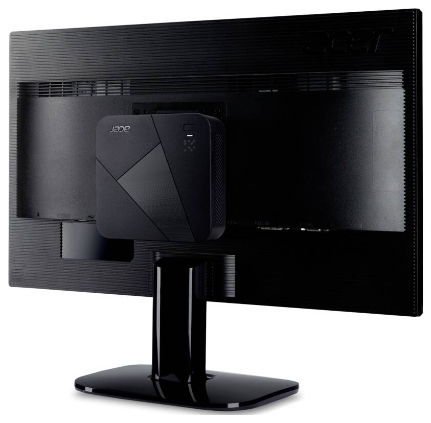 Ein schwarzer Acer-Monitor mit einer schmalen Basis und einem kompakten CPU-Gehäuse, das auf der Rückseite montiert ist und ein minimalistisches und effizientes Design für kleine Räume präsentiert.