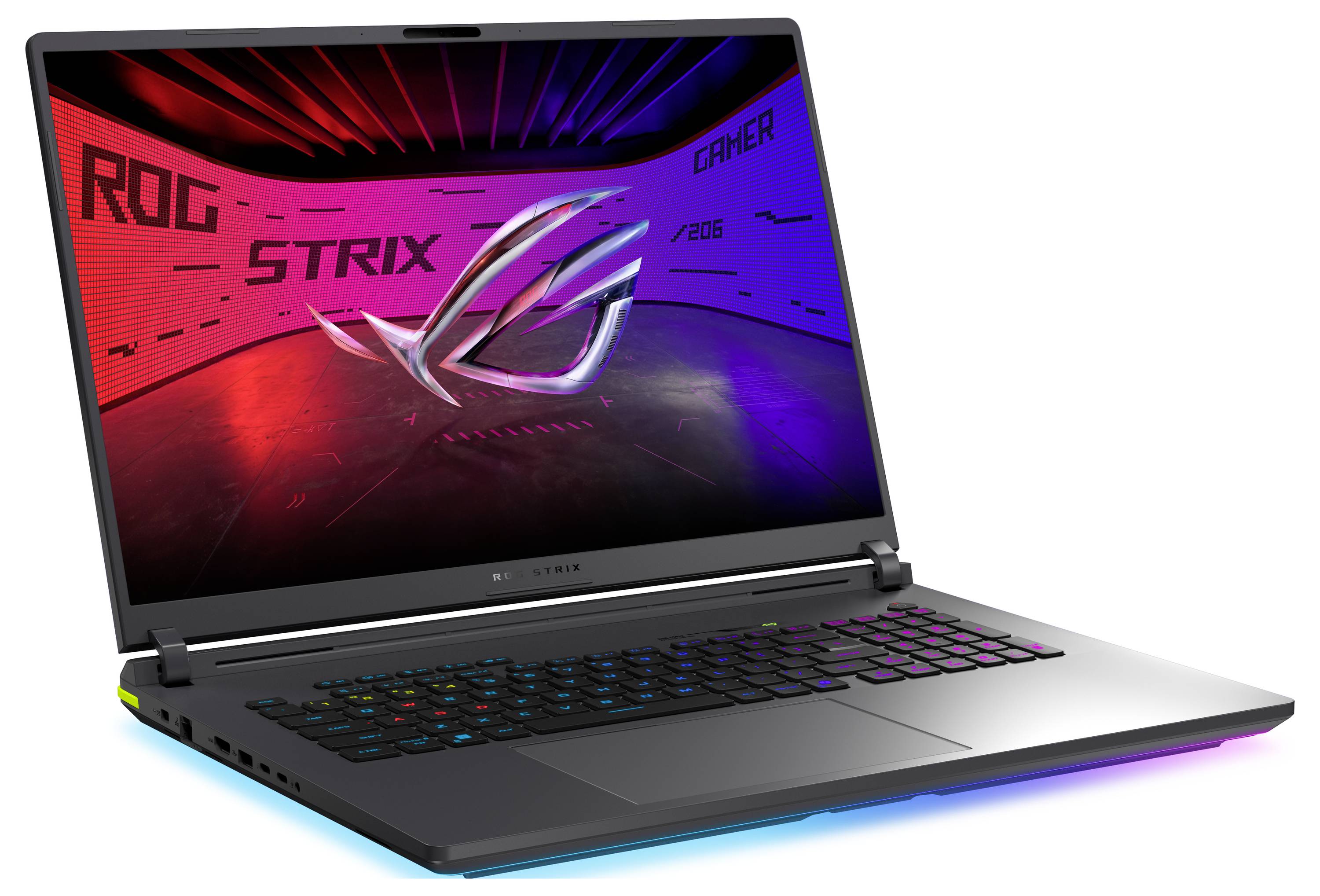 Ein schwarzer Gaming-Laptop mit einer farbenfrohen LED-beleuchteten Rückseite, auf der das "ROG Strix" Logo und Grafiken zu sehen sind. Die Tastatur verfügt ebenfalls über RGB-Beleuchtung.