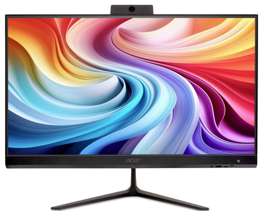 Farbenfroher abstrakter Wirbel, der auf einem Computermonitor mit einem schwarzen Ständer dargestellt wird.