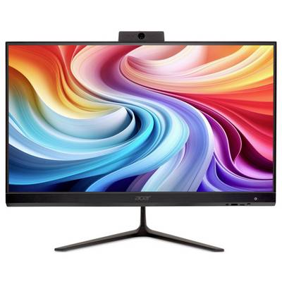 Farbenfroher abstrakter Wirbel, der auf einem Computermonitor mit einem schwarzen Ständer dargestellt wird.