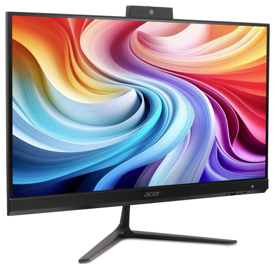 Ein Acer-Monitor mit einem lebhaften, wirbelnden abstrakten Design auf dem Bildschirm, der ein Spektrum heller Farben zeigt.