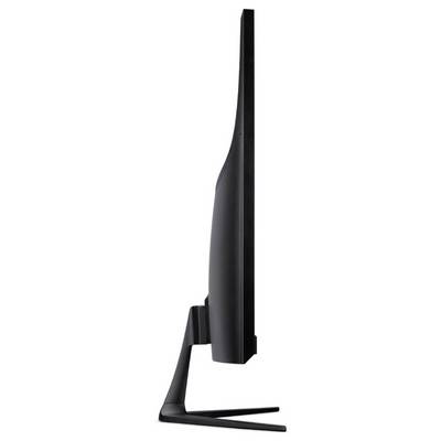 Seitenansicht eines modernen, eleganten Monitors mit einem dünnen Profil und einem robusten, minimalistischen Ständer, der sein schlankes Design betont.