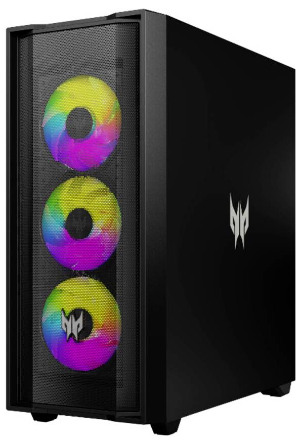Ein schwarzer Computertower mit drei bunten LED-Lüftern an der Frontplatte, die jeweils ein Farbverlaufsmuster zeigen. Ein Logo ist auf der Seite sichtbar.