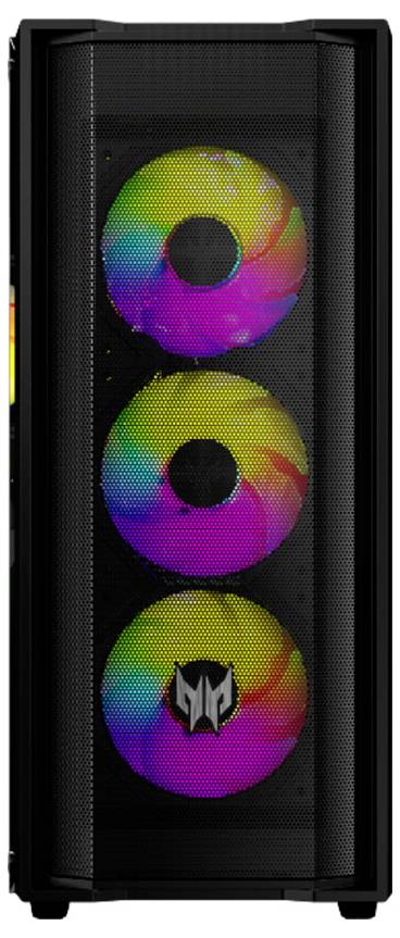 Ein Gaming-PC-Gehäuse mit drei kreisrunden, mehrfarbigen LED-Lüftern, die durch ein Gitterfrontpanel sichtbar sind.