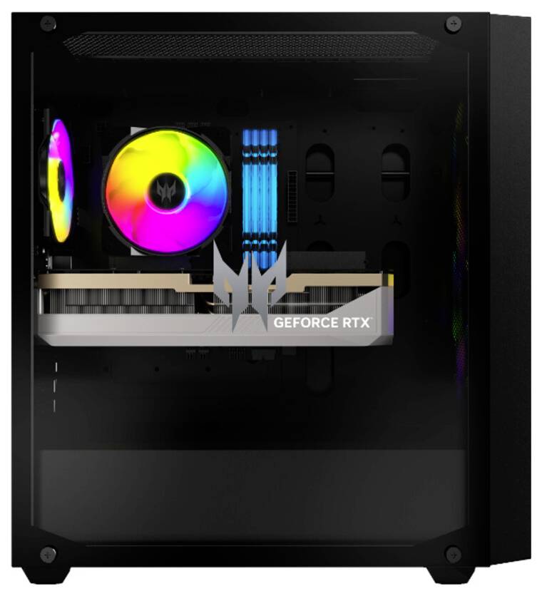 Ein Computertower mit einem bunten RGB-Kühlventilator und einer GeForce RTX-Grafikkarte, die durch ein transparentes Seitenpanel sichtbar ist.