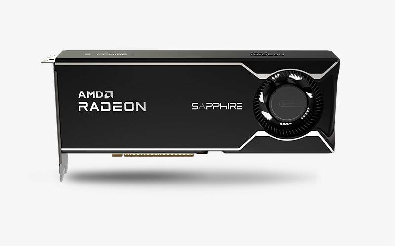 Schwarze AMD Radeon Sapphire Grafikkarte mit einem einzelnen Kühlventilator auf weißem Hintergrund.