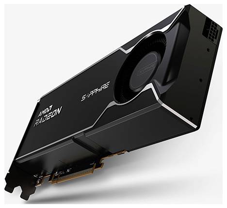 Schwarzer Saphir AMD Radeon Grafikkarte auf weißem Hintergrund gezeigt, angewinkelt, um den Lüfter und den PCIe-Stecker zu zeigen.