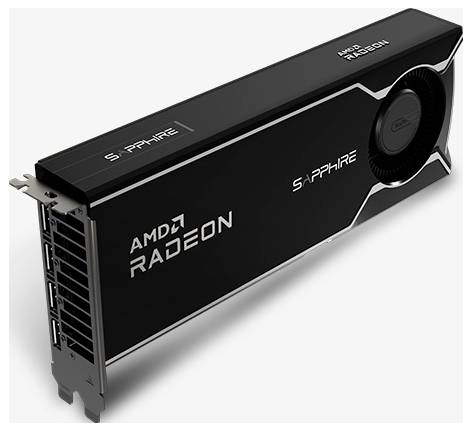 Sapphire AMD Radeon Grafikkarte mit schwarzem Kühlershroud und einzelnem Kühlgebläse, gezeigt auf weißem Hintergrund.