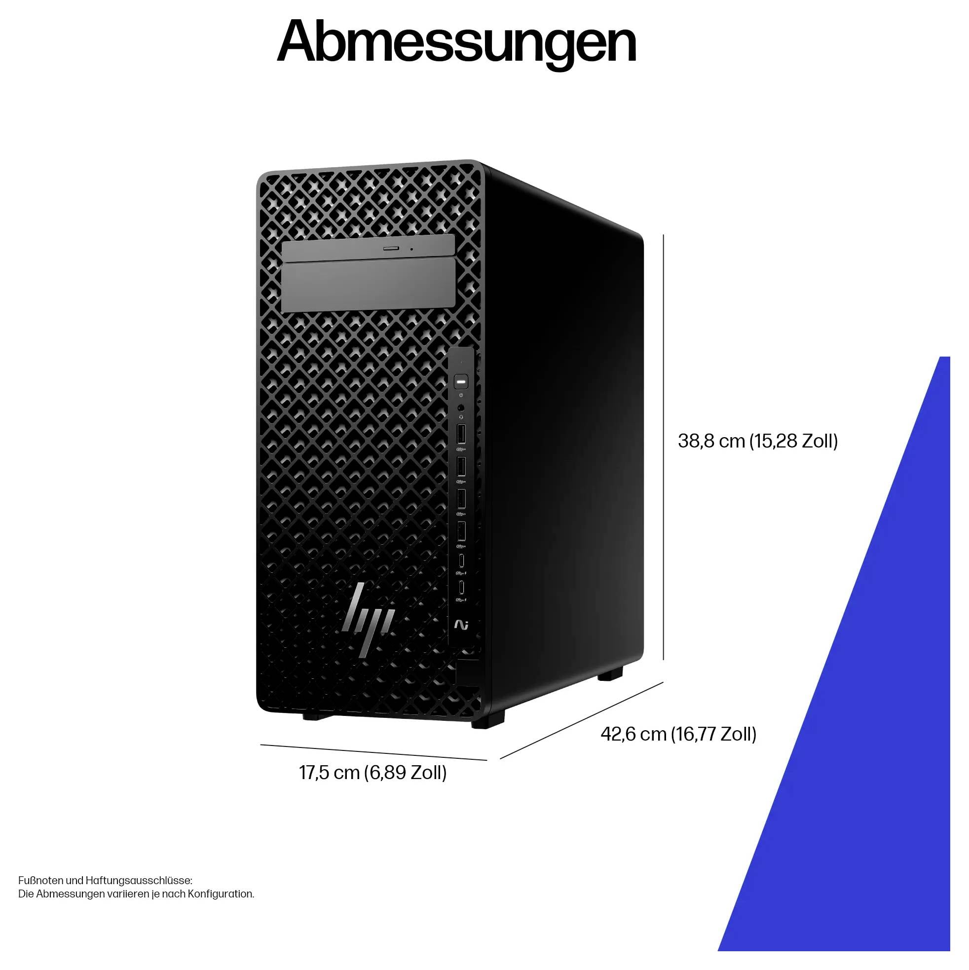 Ein schwarzer Desktop-Tower-PC mit HP-Logo. Abmessungen: Höhe 38,8 cm, Tiefe 42,6 cm und Breite 17,5 cm. Text lautet 'Abmessungen'.