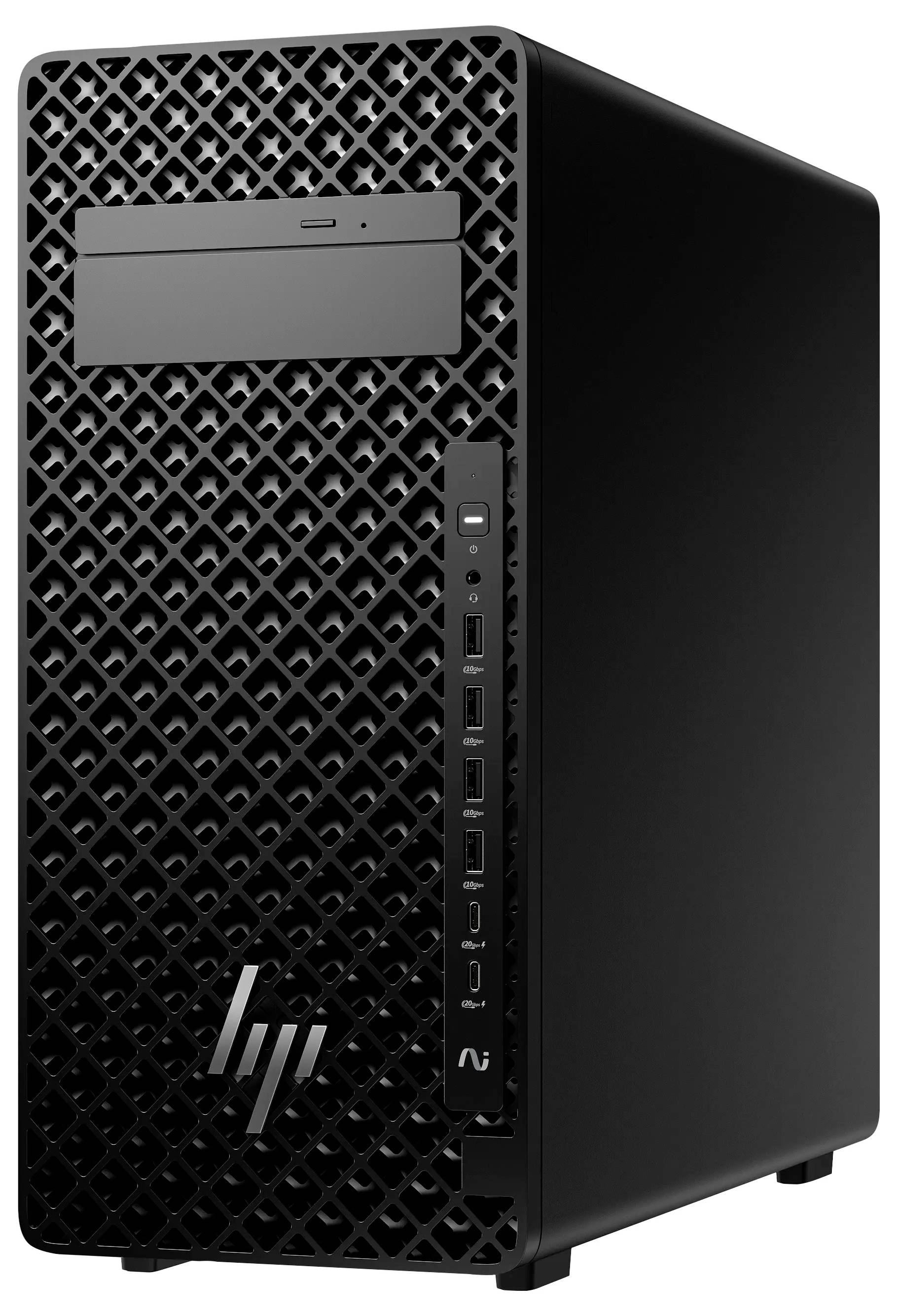 Ein schwarzer Desktop-Computerturm mit einer strukturierten Frontplatte, ausgestattet mit einem Diskettenlaufwerk, mehreren USB-Anschlüssen und einem Einschaltknopf auf der Vorderseite.