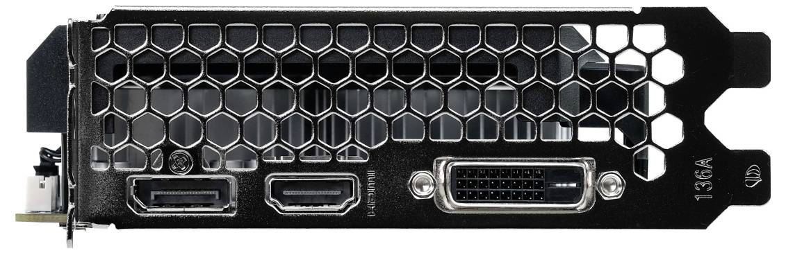 Rückseite einer Grafikkarte mit HDMI-, DisplayPort- und DVI-Anschlüssen und einem sechseckigen Lüftungsmuster.