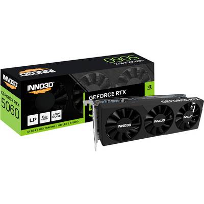 Grafikkarte mit drei Lüftern neben ihrer Verpackungsbox. Die Box hebt 'INNO3D', 'GEFORCE RTX 5060' und Schlüsselmerkmale wie 'DLSS 4', 'Ray Tracing' und '8GB' hervor.