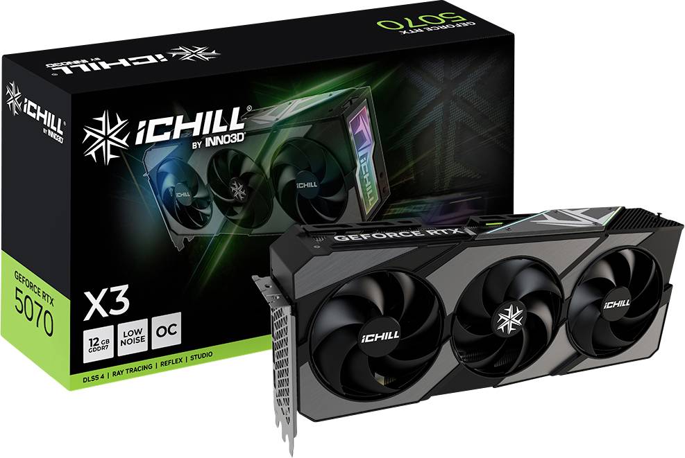 NVIDIA GeForce RTX 5070 Grafikkarte mit drei Lüftern, unter der Markenbezeichnung 'iChill X3', neben ihrer Verpackung mit Produktdetails und Logos.