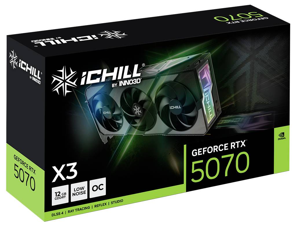 NVIDIA GeForce RTX 5070 Grafikkarten-Verpackung mit 'iChill von INNO3D' Branding, die Spezifikationen wie 12GB GDDR7, geräuscharm und übertaktet präsentiert.