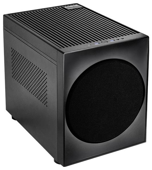 Ein schwarzes Computer-Tower-Gehäuse mit einem kreisrunden Lüftergitter an der Vorderseite, seitlichen Belüftungslöchern und Bedienknöpfen am oberen Rand.