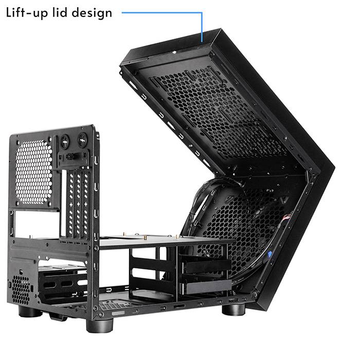 Ein offenes schwarzes Computergehäuse mit einem hochklappbaren Deckel, das seine interne Struktur für Montage oder Wartung freilegt.