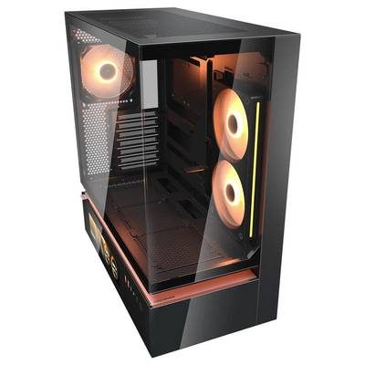 Ein schwarzes Gaming-Computergehäuse mit transparenter Seitenscheibe präsentiert orange beleuchtete Kühlventilatoren und Platz für Komponenten.