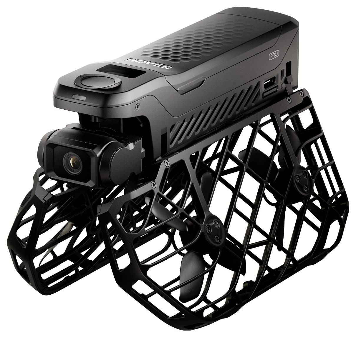 Eine schwarze Drohne mit Schutzringen um die Propeller und einer Frontkamera, entwickelt für sicheren und stabilen Indoor-Flug.