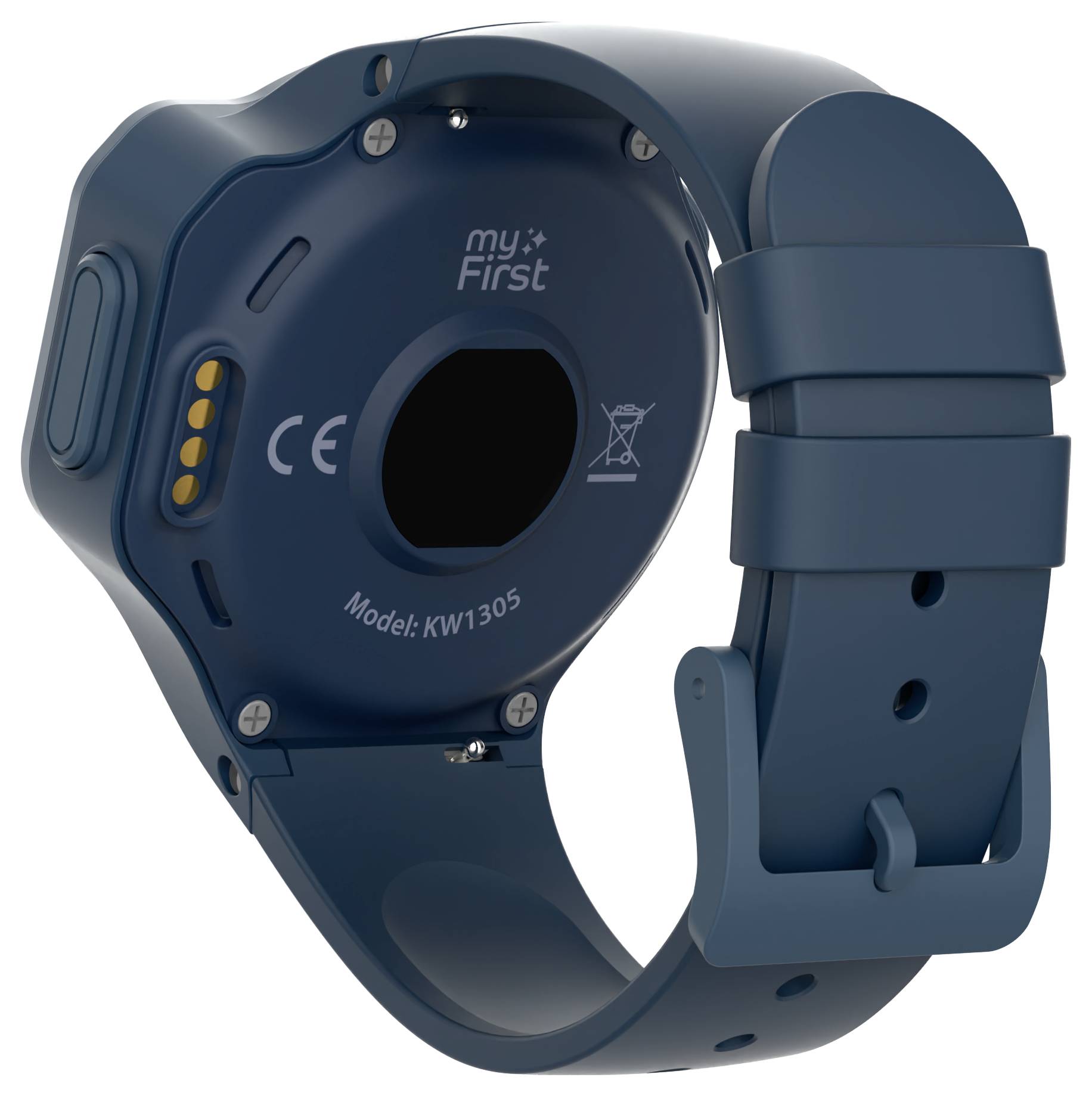 Eine blaue Smartwatch von hinten gesehen, mit dem Markenlogo 'myFirst' und der Modellnummer 'KW1305'.