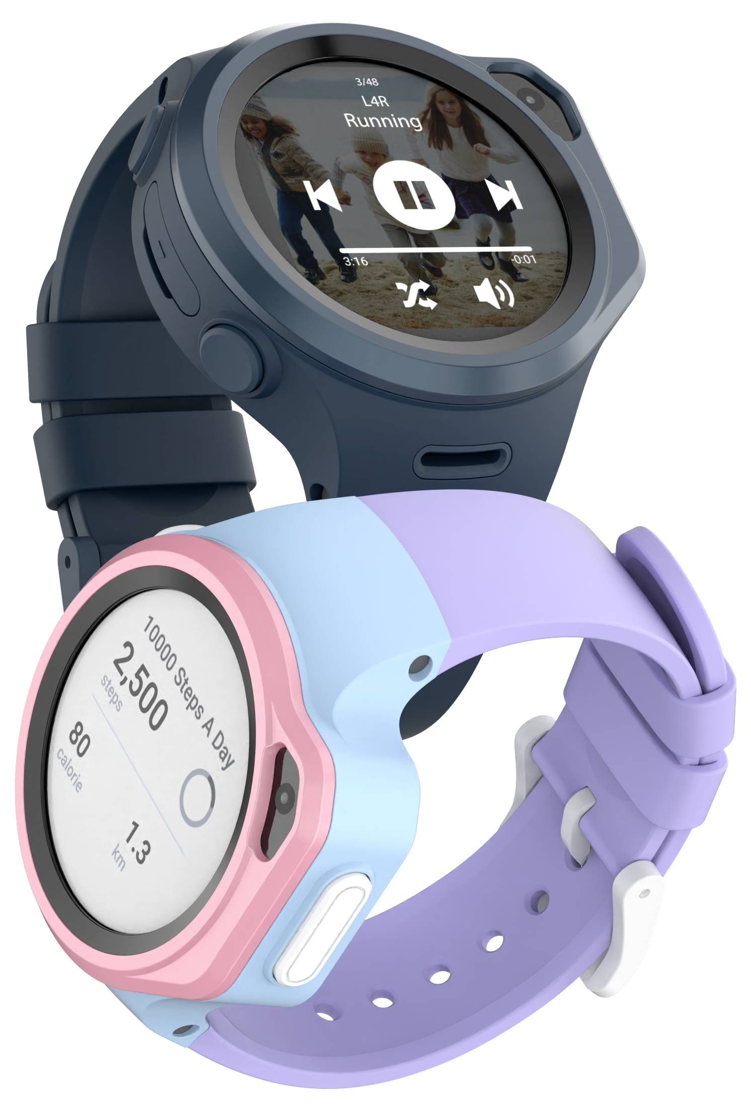 Zwei Smartwatches, eine in Blau und eine in Rosa, zeigen Fitness-Tracking- und Musik-Apps. Die blaue Uhr präsentiert eine Laufwiedergabeliste, während die rosa Uhr Schritte und Kalorien verfolgt.
