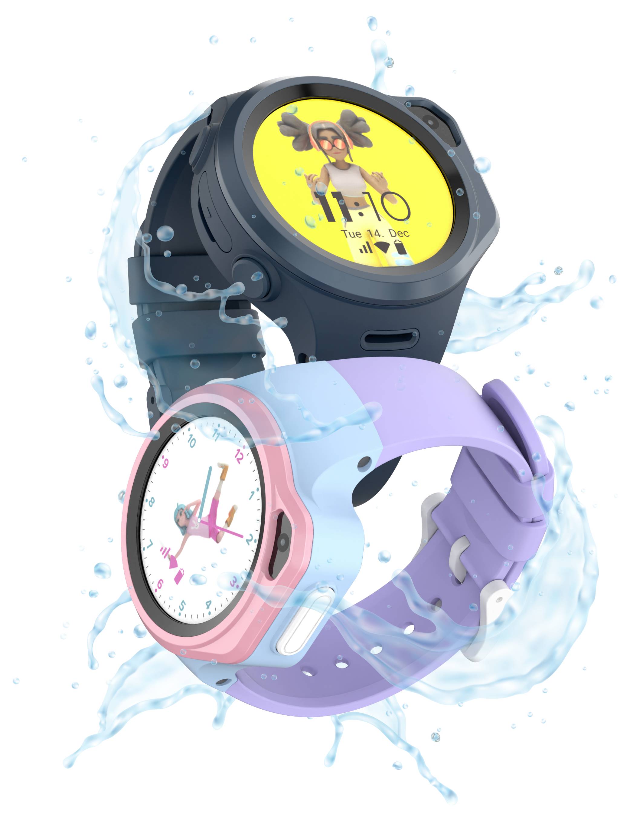 Zwei farbenfroh Smartwatches, mit Wasser bespritzt, zeigen animierte Avatare auf ihren Zifferblättern und betonen damit ihr wasserdichtes Design.
