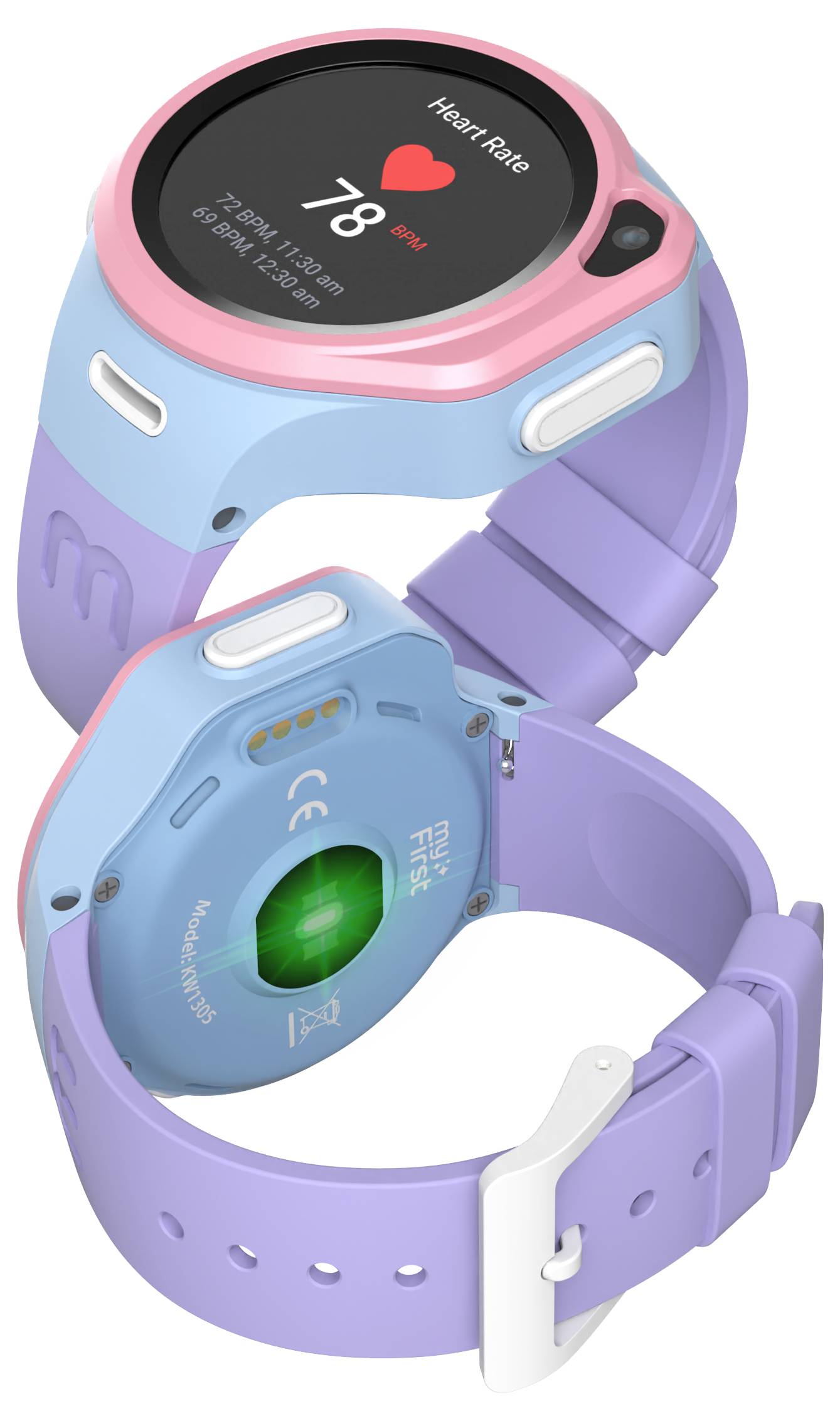 Eine lila und blaue Smartwatch mit einem rosa Lünette zeigt eine Herzfrequenz von 78 Schlägen pro Minute auf ihrem Bildschirm. Sie hat ein lavendelfarben Armband und Gesundheitssensoren.