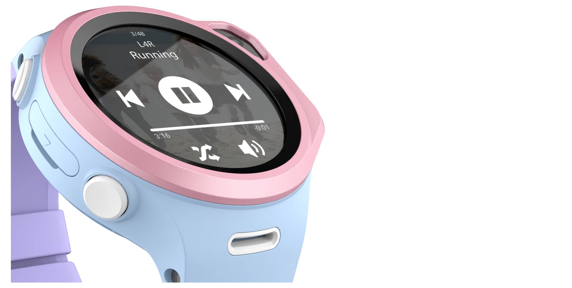Eine Smartwatch mit einem rosa und blauen Gehäuse zeigt Musiksteuerungen. Der Bildschirm zeigt einen Wiedergabe-/Pausebutton, eine Fortschrittsleiste und das Wort 'Running'.