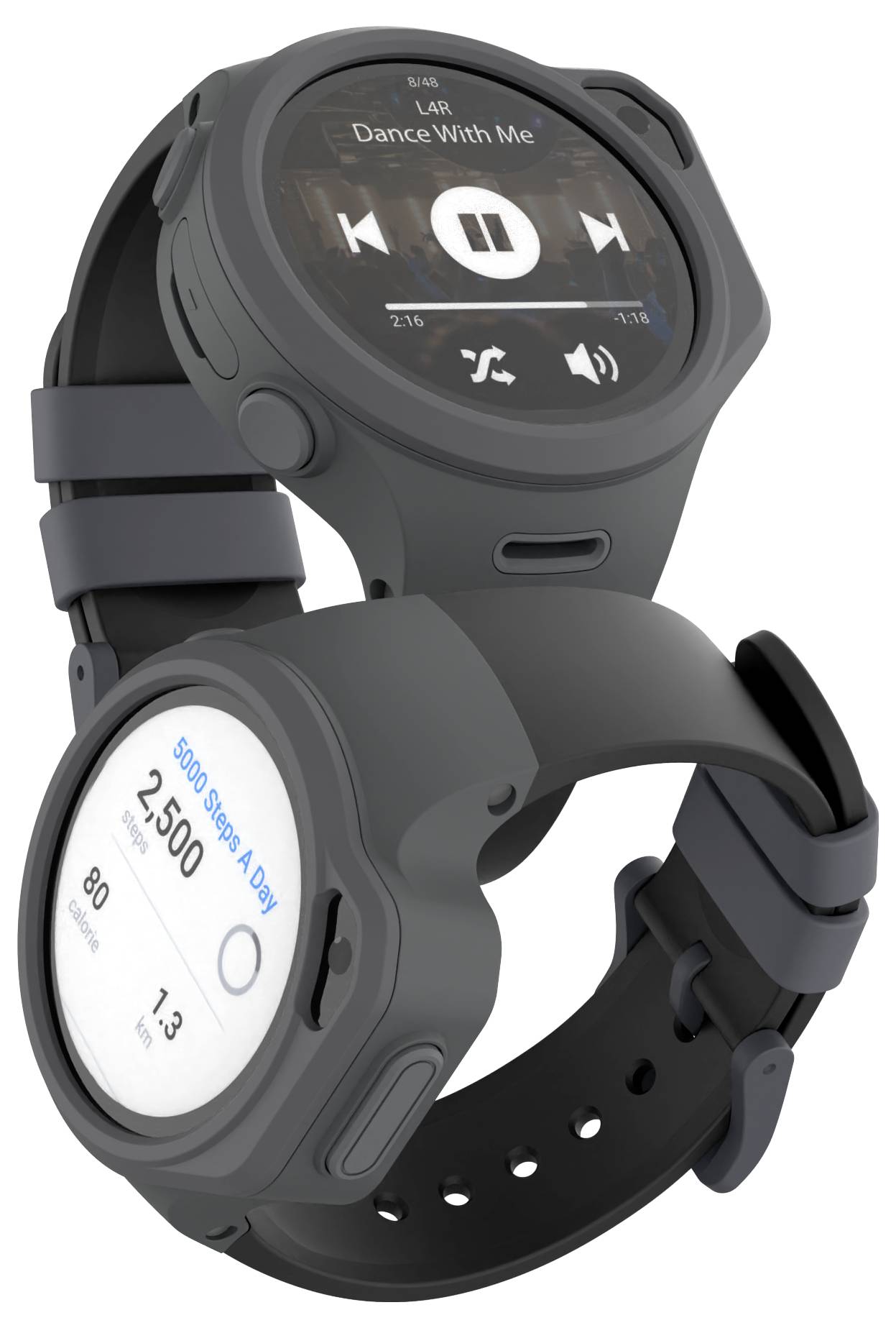 Smartwatch mit zwei Bildschirmen. Oberer Bildschirm zeigt Musiksteuerung mit dem Titel 'Dance With Me'. Unterer Bildschirm zeigt tägliches Schrittziel von 2.500 Schritten, wovon bereits 1.300 Schritte absolviert wurden.