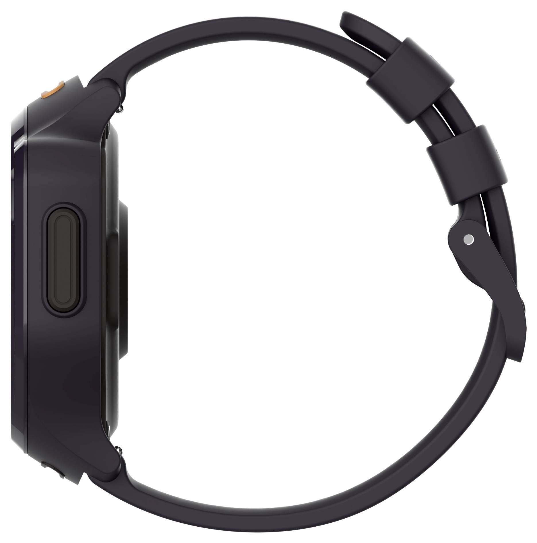 Eine Seitenansicht einer eleganten, modernen Smartwatch mit rundem Zifferblatt und einem schwarzen Armband, die ihren schlanken Umriss und das minimalistische Design betont.