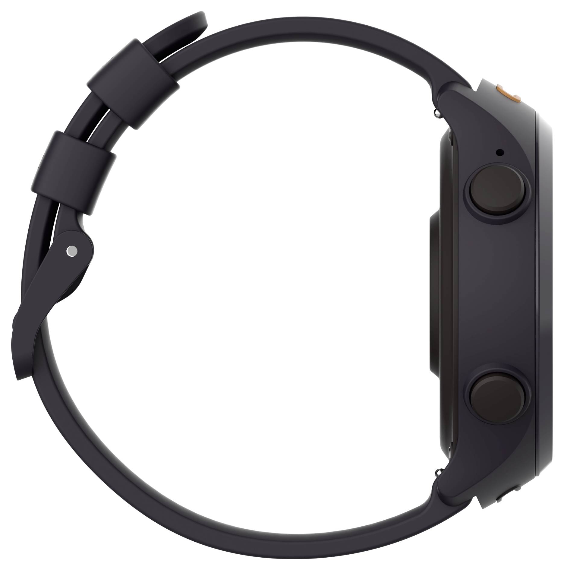 Eine Seitenansicht einer schwarzen Smartwatch, die ihr Armband, Tasten und ein kreisförmiges Display zeigt. Die Uhr hat ein modernes Design und eine elegante Erscheinung.