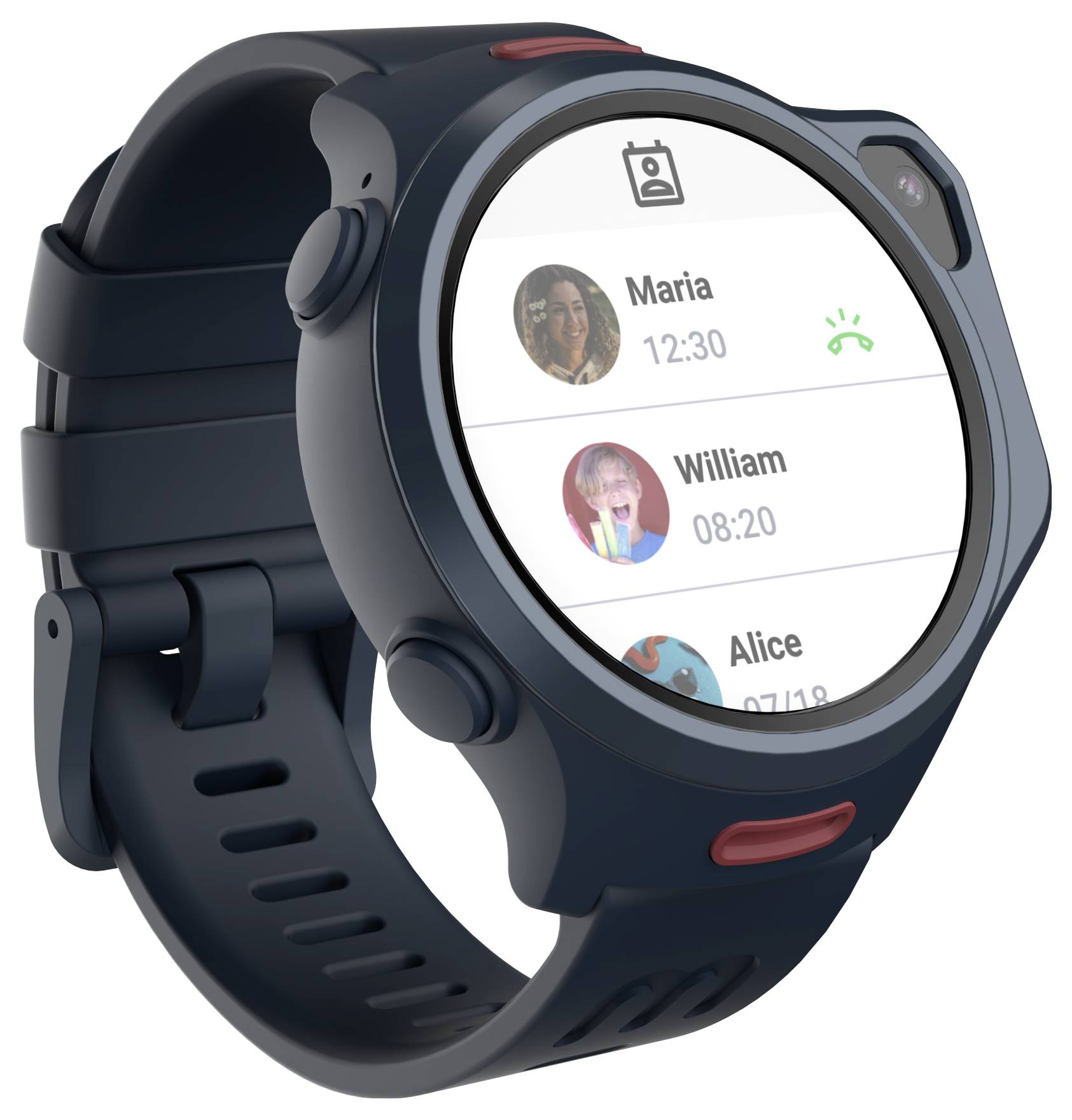 Eine runde Smartwatch zeigt eine Kontaktliste mit Bildern und Namen. Maria ist mit einer Nachricht aufgeführt, die um 12:30 Uhr gesendet wurde, und darunter befinden sich weitere Kontakte.