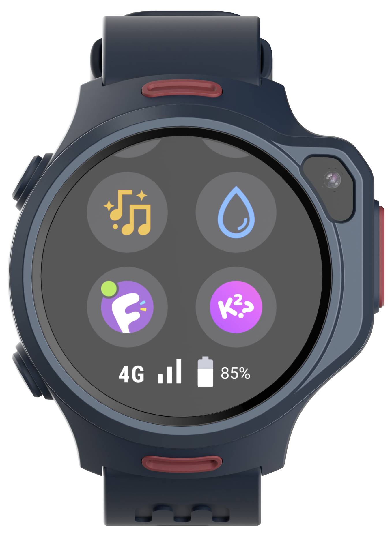 Eine navy-blaue Smartwatch, die vier App-Symbole auf dem Display zeigt, wobei der Akku 85% und 4G-Konnektivität am unteren Bildschirmrand angezeigt werden.