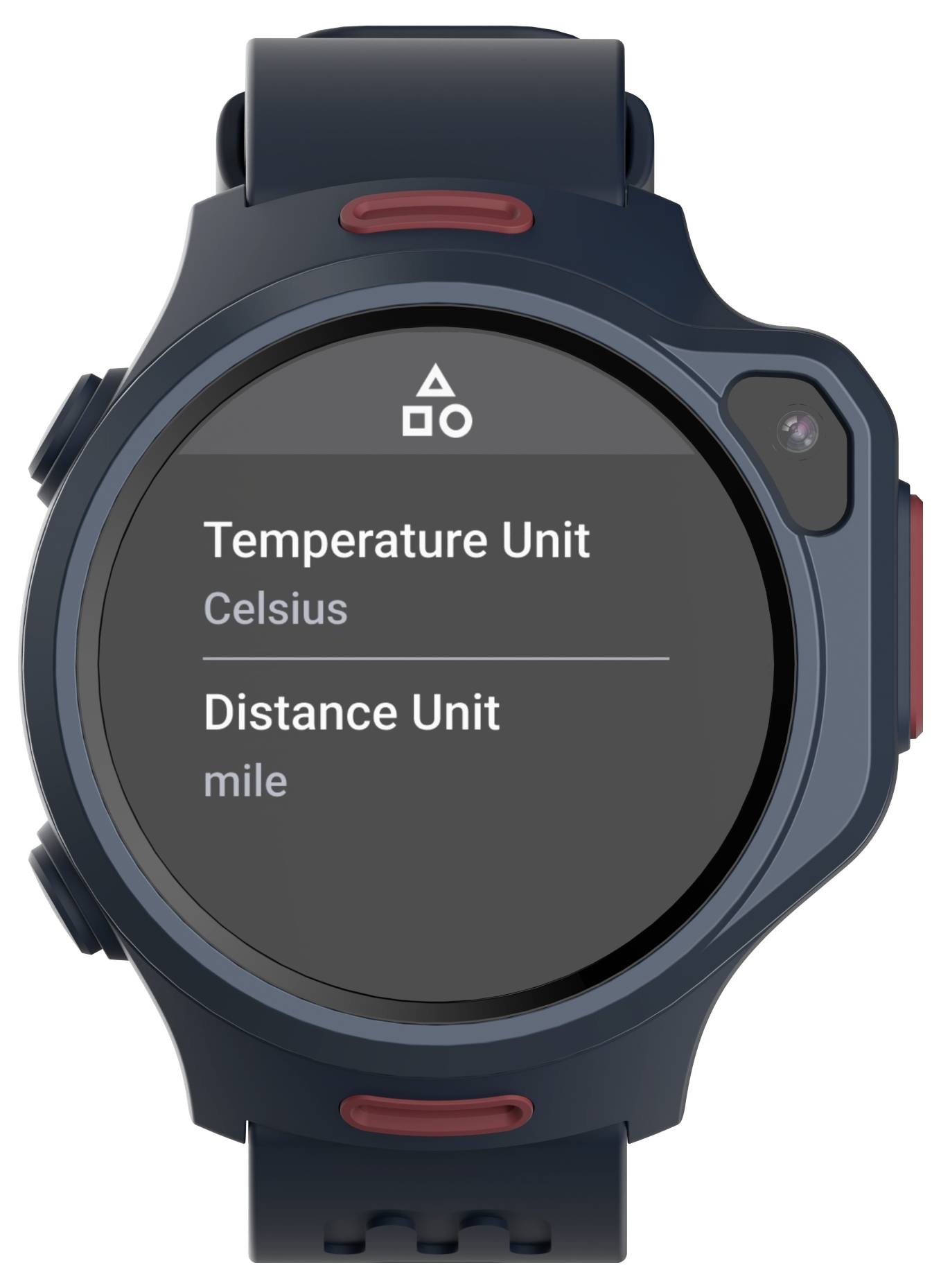 Smartwatch zeigt ein Einstellungsmenü mit Optionen zum Ändern der 'Temperatureinheit' auf Celsius und 'Distanzeinheit' auf Meilen.