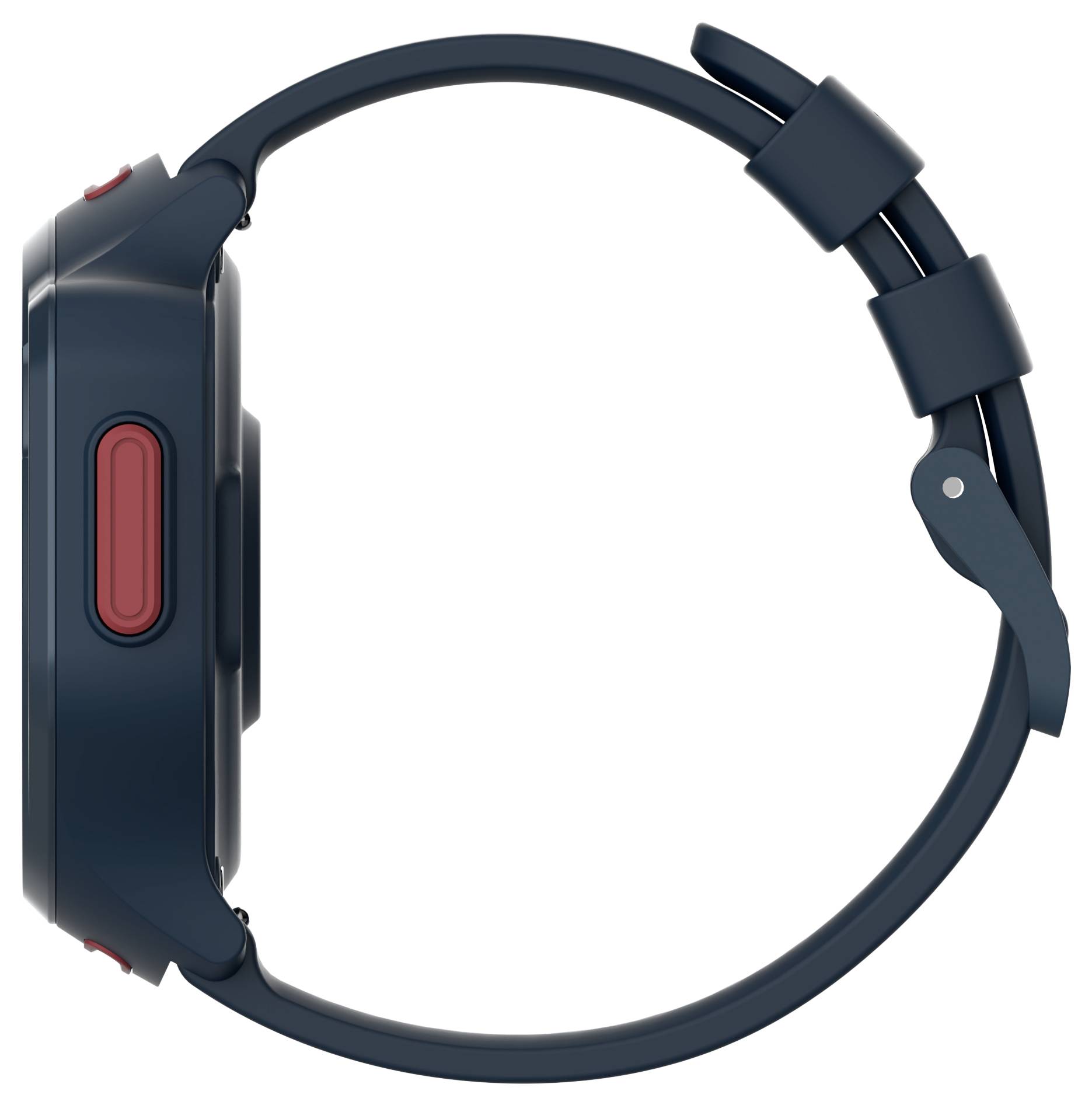 Seitenansicht einer dunkelblauen Smartwatch mit einem roten Knopf, die das Armband und den Verschluss zeigt.