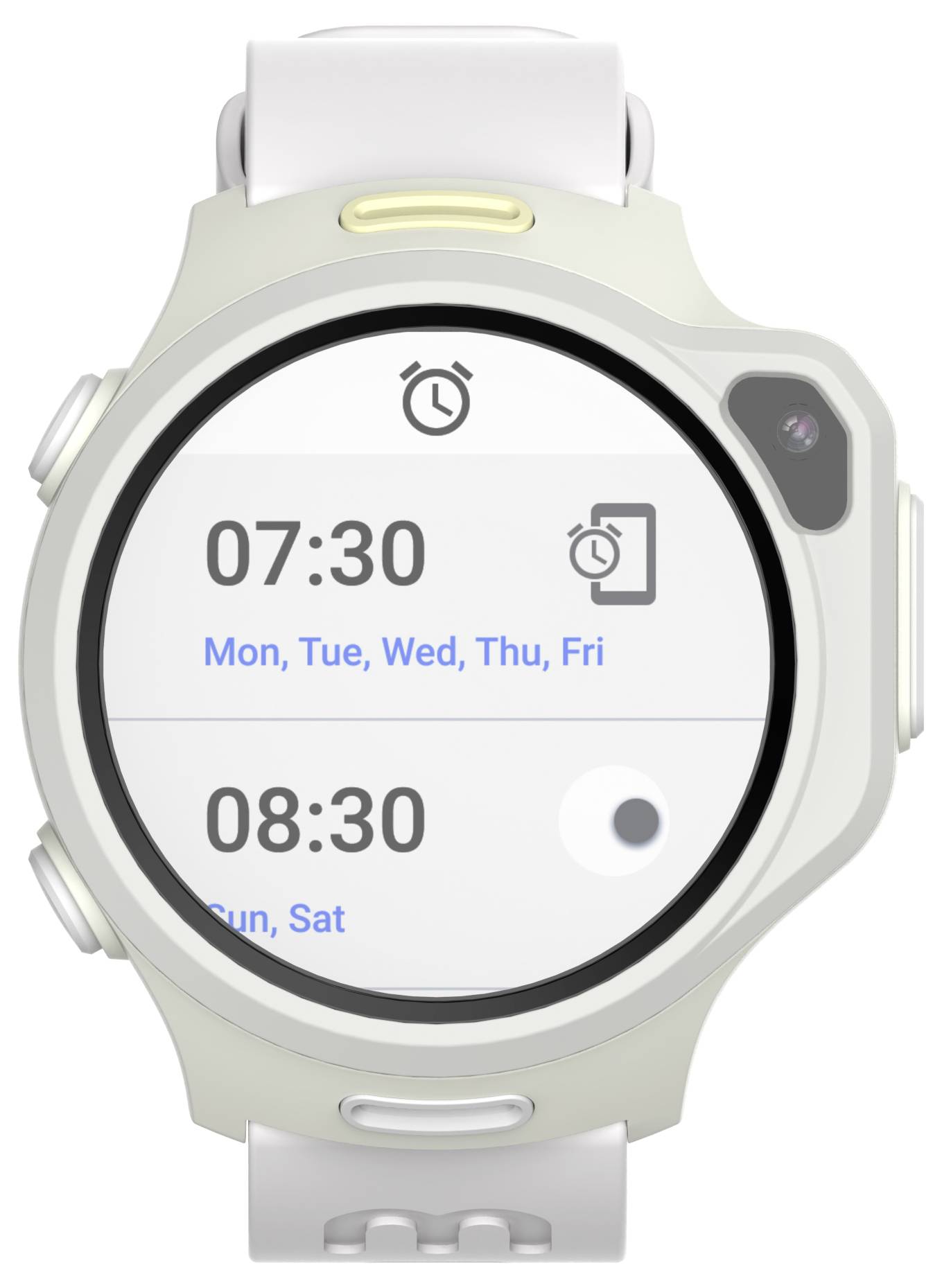 Ein weißer Smartwatch-Bildschirm zeigt zwei Alarme: ‚07:30' für Werktage und ‚08:30' für Wochenenden, was eine Aktivitätsplanung anzeigt.