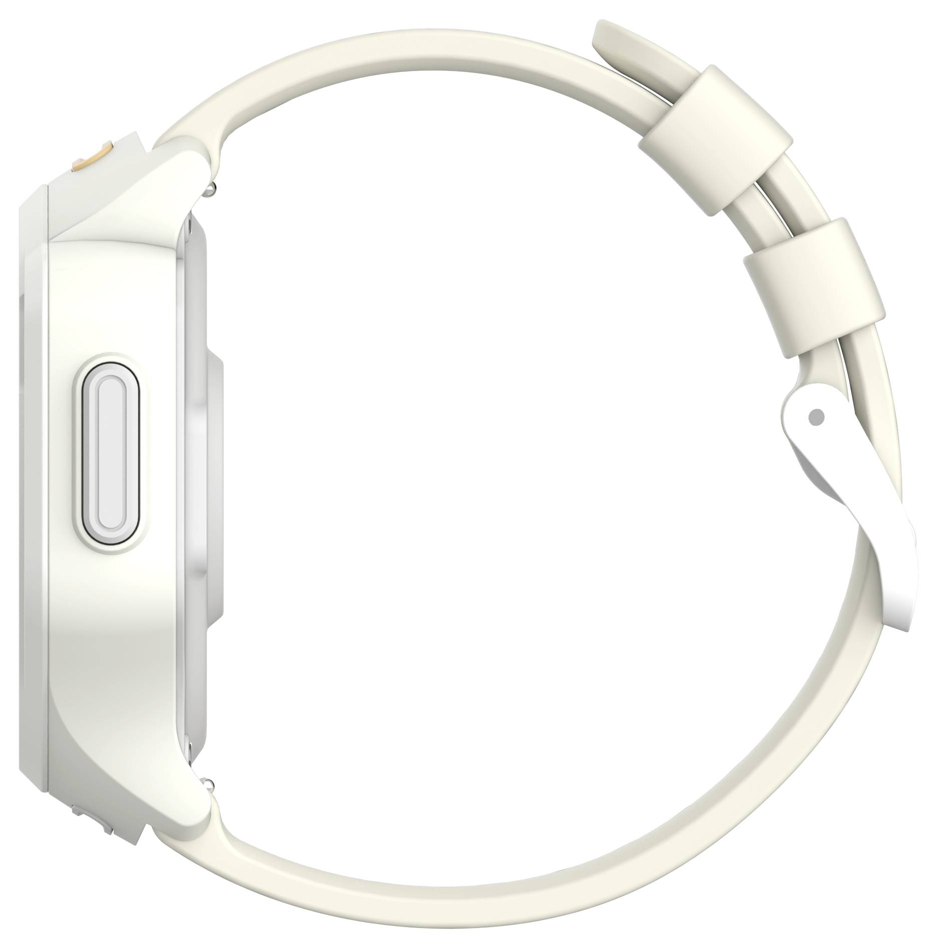 Eine Seitenansicht einer hellgefärbten Smartwatch, die ihr kreisförmiges Design und ihren verstellbaren Riemen präsentiert. Das Gehäuse der Uhr verfügt über zwei schmale Tasten.