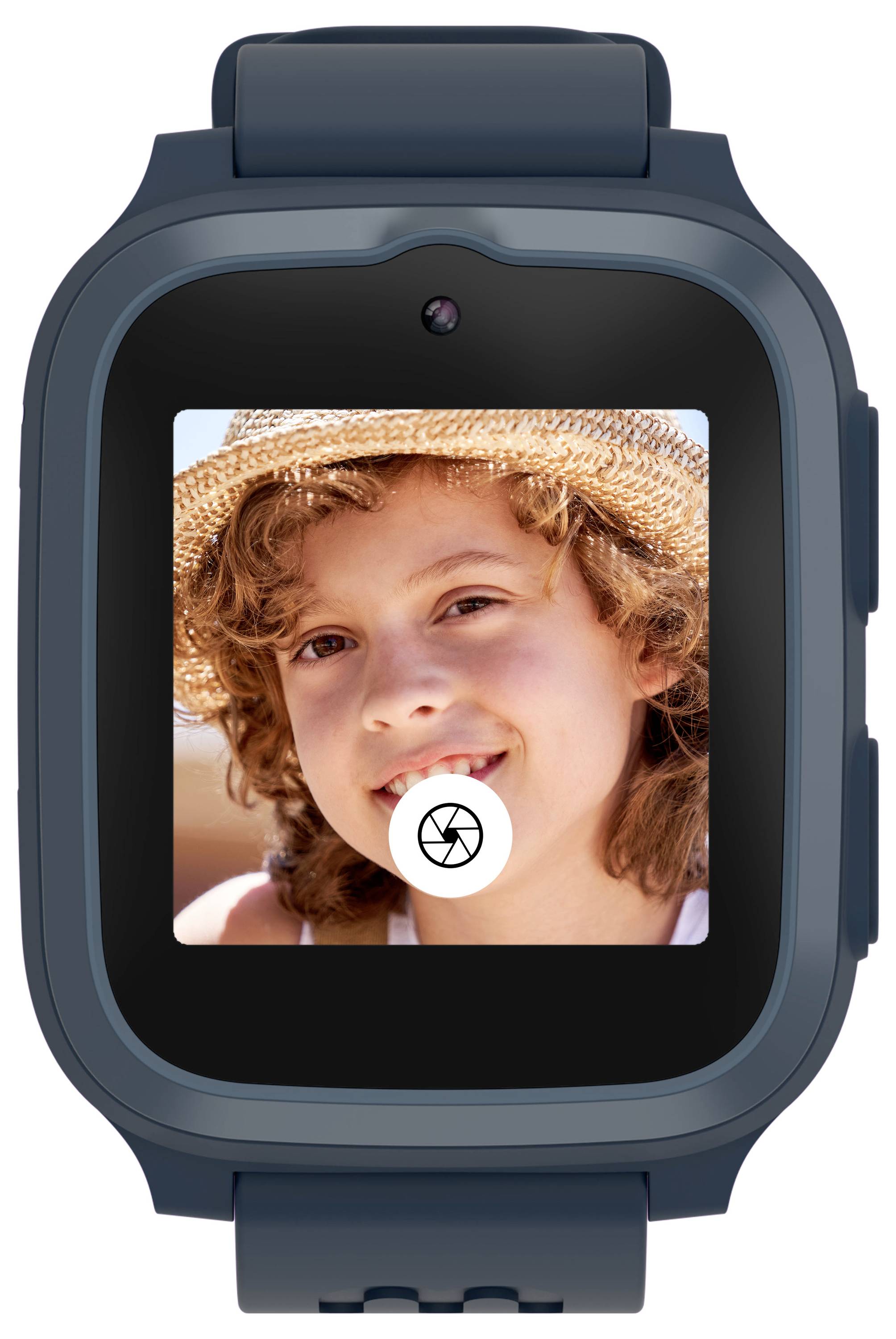 Eine Smartwatch zeigt ein Foto eines lächelnden Kindes mit einem Strohhut. Der Bildschirm zeigt ein Kamera-Symbol, was wahrscheinlich den Fotomodus anzeigt.
