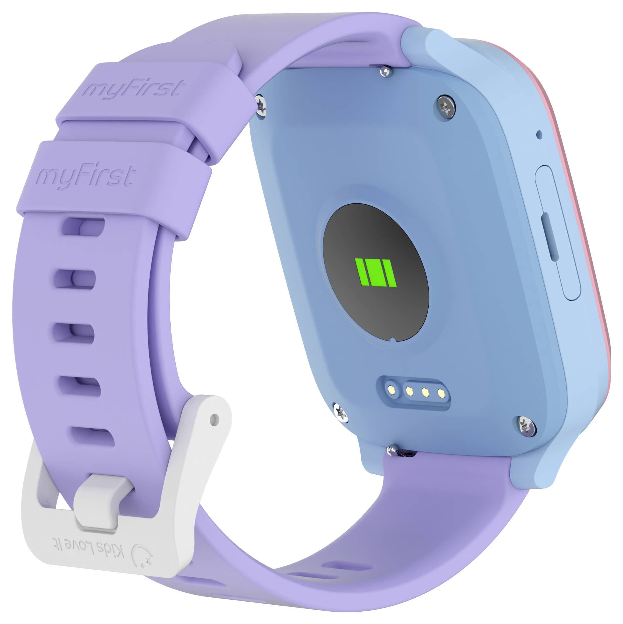 Eine bunte Smartwatch mit einem lila Armband und einem hellblauen Gehäuse, die einen grünen Ladeindikator auf der Rückseite trägt und für Kinder entwickelt wurde.