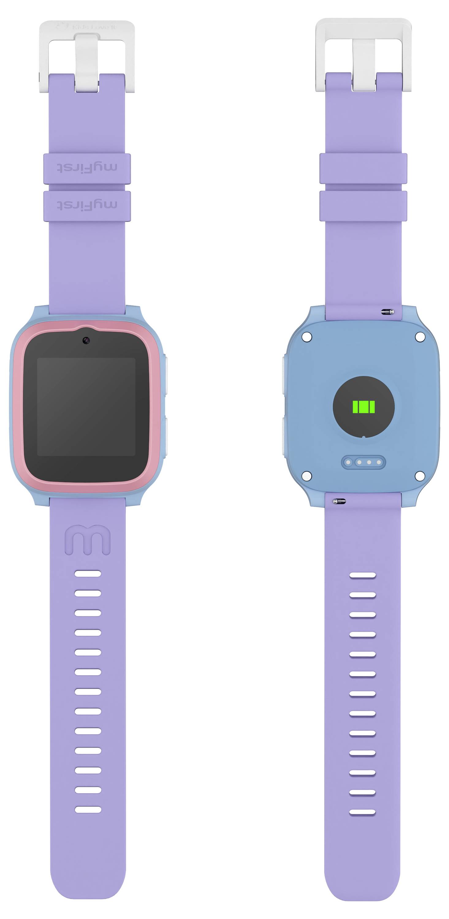 Front- und Rückansicht einer Kinder-Smartwatch mit einem lila Armband, buntem Gehäuse und digitalem Display.