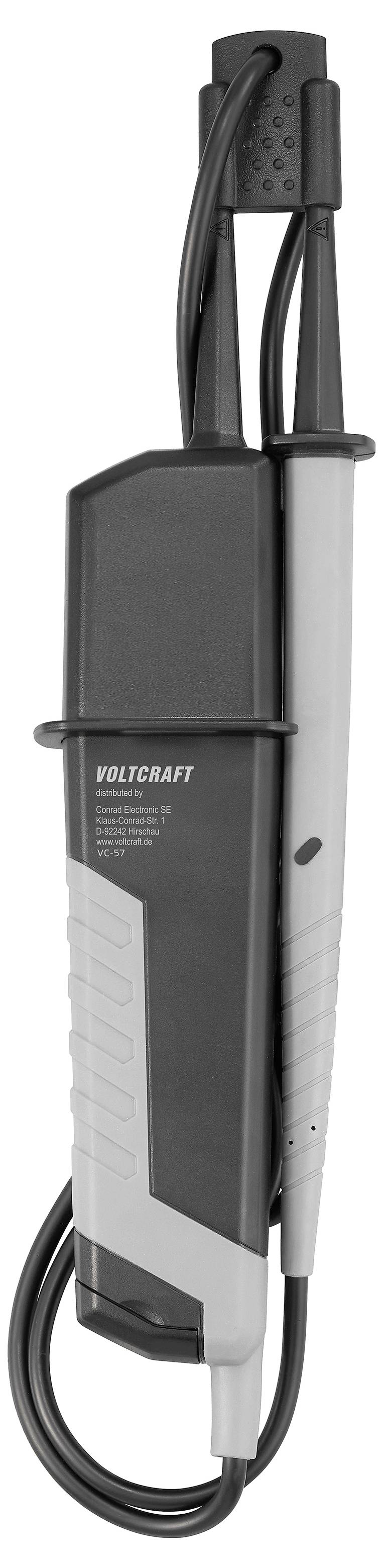 Schwarze Voltcraft-Messsonde mit angeschlossenem Kabel und grauem Griff, gezeigt vor weißem Hintergrund.