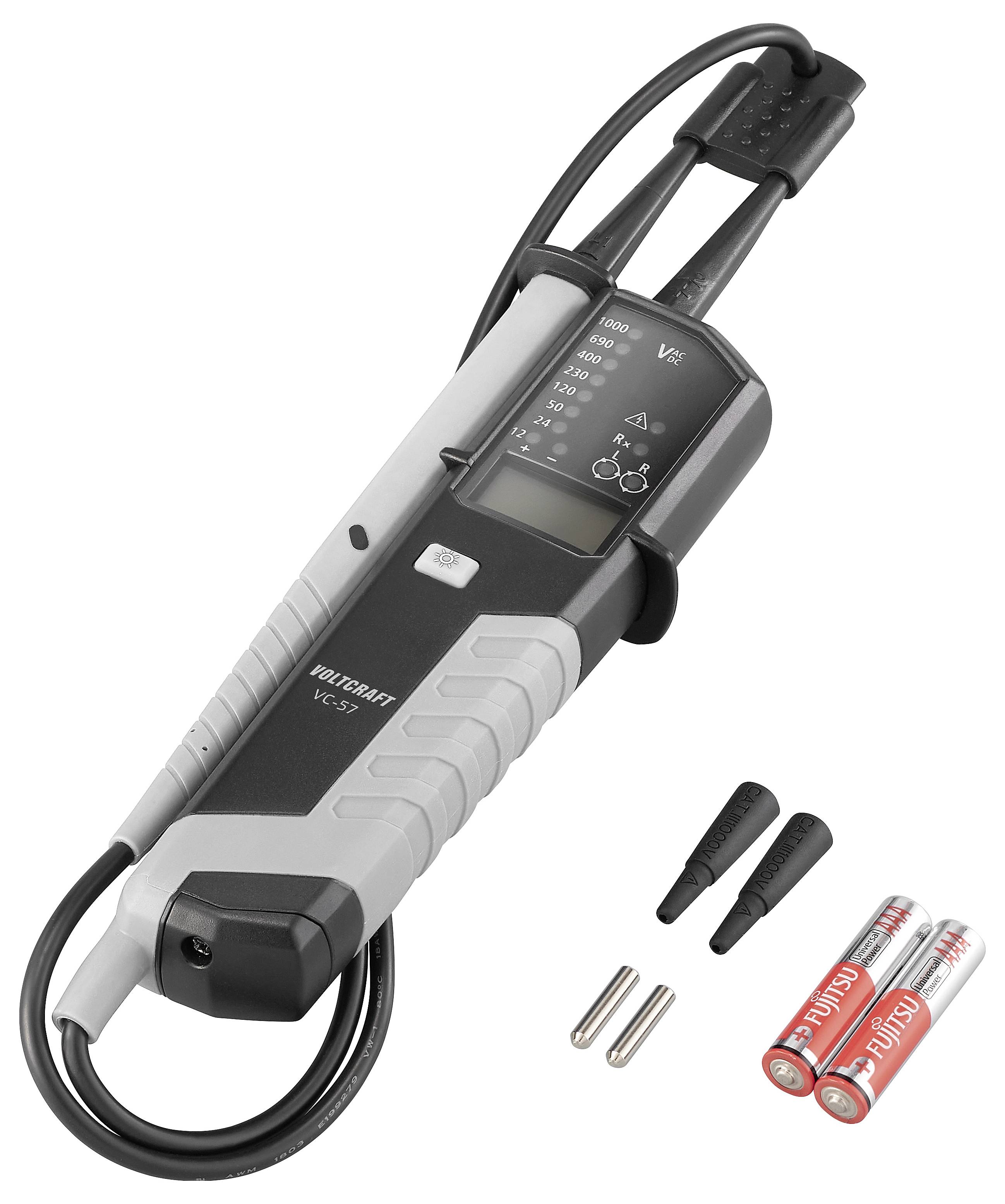 Digitale Stromzange mit Anzeige und Messleitungen, gezeigt mit zwei Messspitzen und zwei AAA-Batterien.