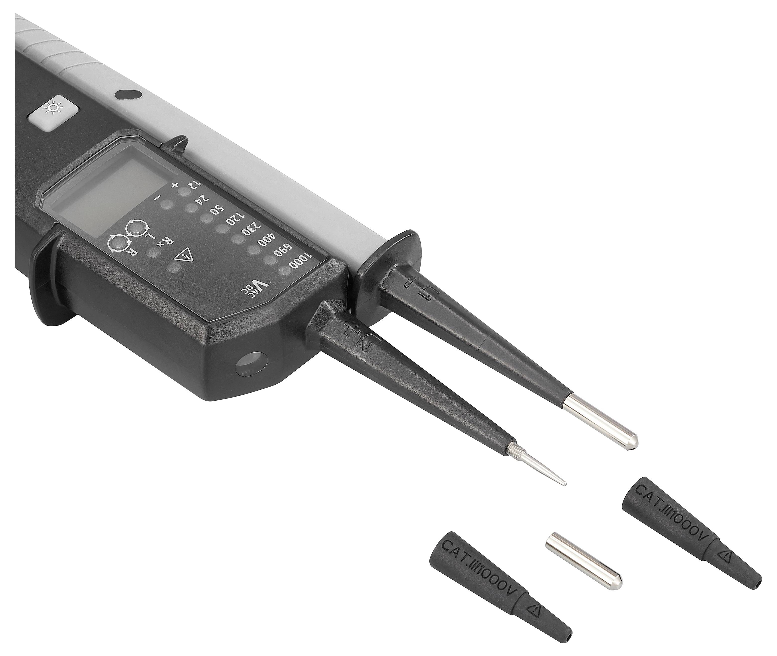 Digitale elektrische Messsonde mit LCD-Display und zwei Messspitzen, abgebildet mit abnehmbaren Schutzdeckeln und einer Ersatzspitze.