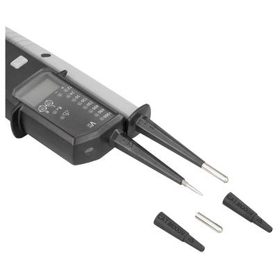 Digitale elektrische Messsonde mit LCD-Display und zwei Messspitzen, abgebildet mit abnehmbaren Schutzdeckeln und einer Ersatzspitze.