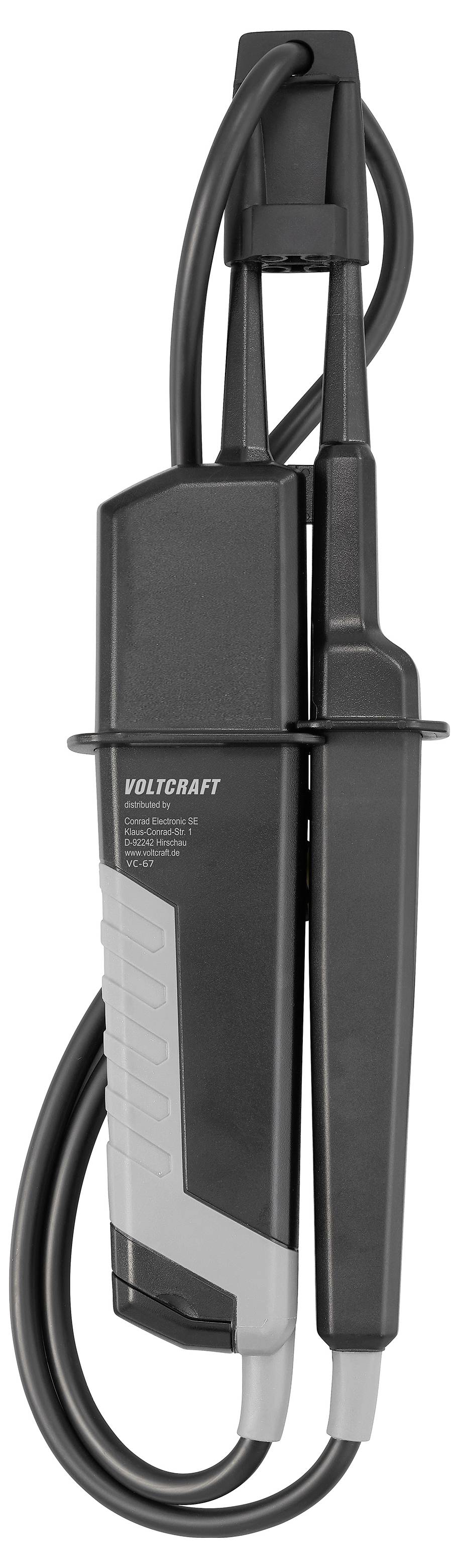 Schwarze Voltcraft isolierte elektrische Messsonde mit angebrachten Kabeln und Schutzgehäuse, isoliert auf weißem Hintergrund dargestellt.