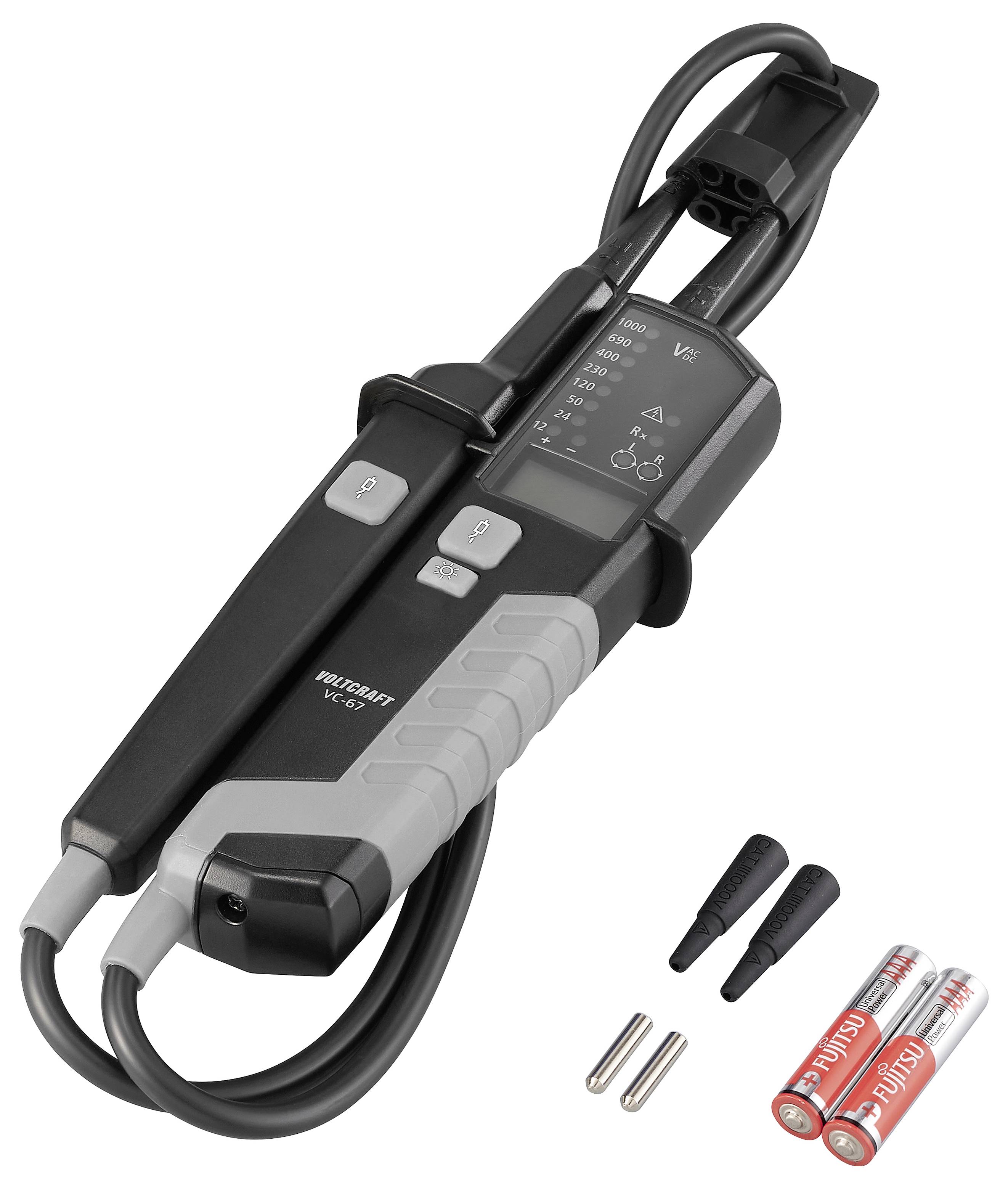 Leitungssucher und Kabeltester-Set mit tragbarem Hauptgerät, zwei Testsonden, zwei Metalladaptern und zwei AA-Batterien.