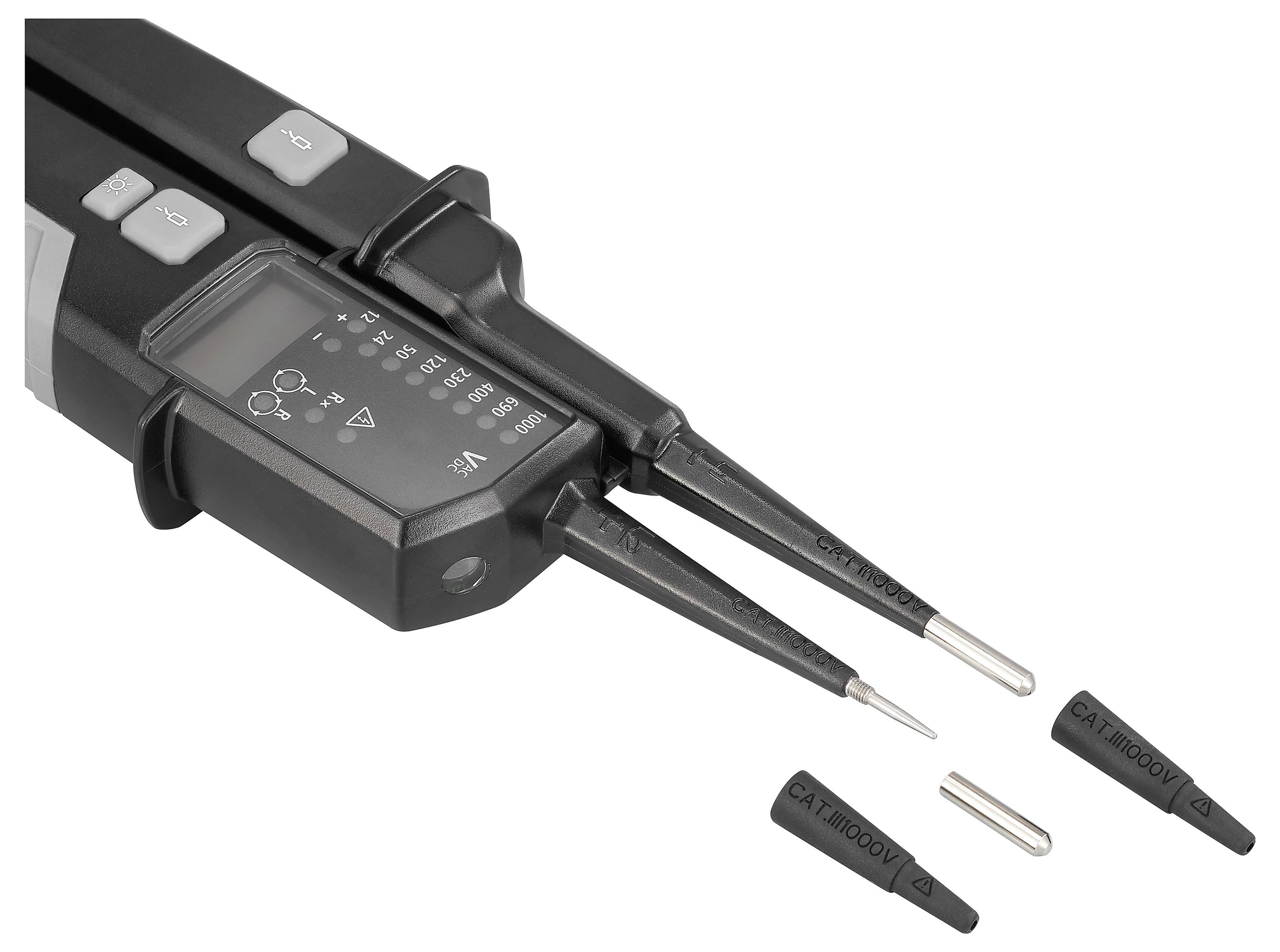 Tragbares Elektrotestgerät mit zwei Messspitzen und abnehmbaren CAT III 1000V-Sicherheitskappen auf weißem Hintergrund.