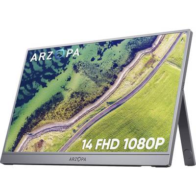 Ein tragbarer Monitor, der eine Luftaufnahme einer Küstenlandschaft mit Feldern und einer Straße zeigt. Auf dem Bildschirm steht "ARZOPA 14 FHD 1080P".