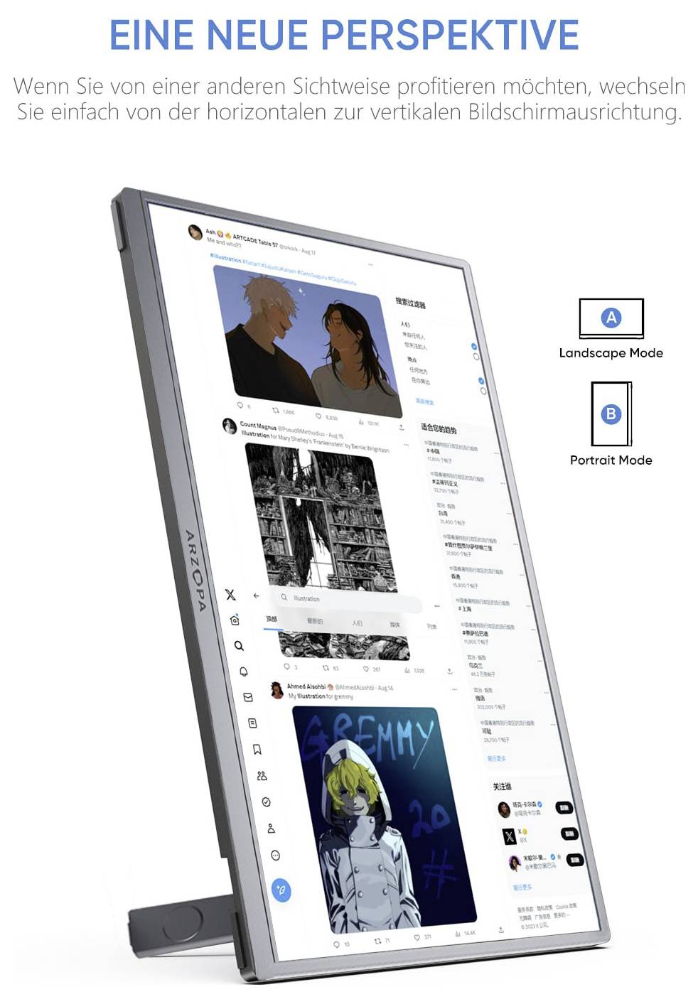Ein Computermonitor, der einen Social-Media-Feed in vertikaler Ausrichtung anzeigt und Optionen für Querformat und Hochformat präsentiert.