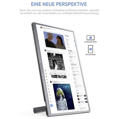 Ein Computermonitor, der einen Social-Media-Feed in vertikaler Ausrichtung anzeigt und Optionen für Querformat und Hochformat präsentiert.